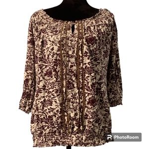 Lucky Brand Peasant Blouse 3/4 sleeve, NEW, knit, tan with burgundy flowers